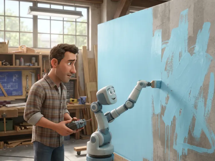 Homme, robot peintre, et mur inachevé