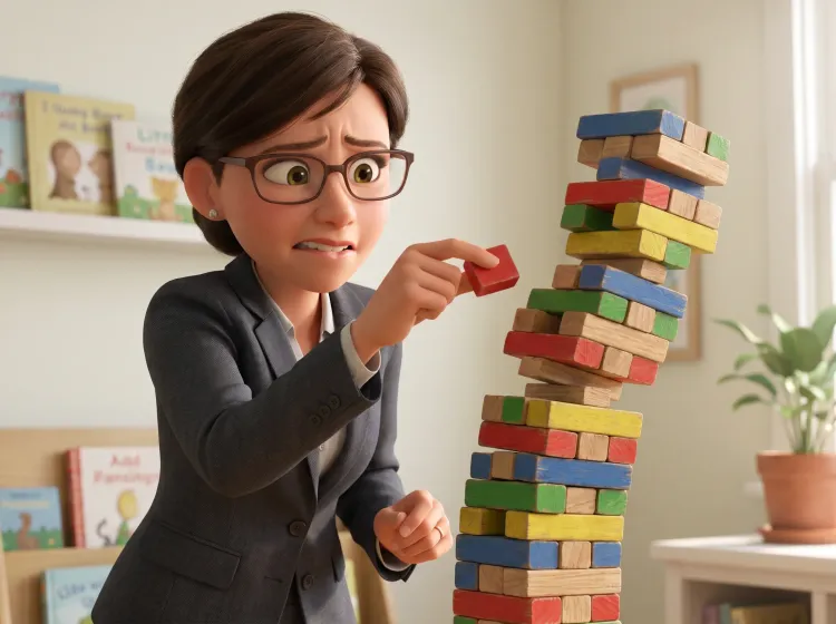 Femme construisant une tour de blocs penchée