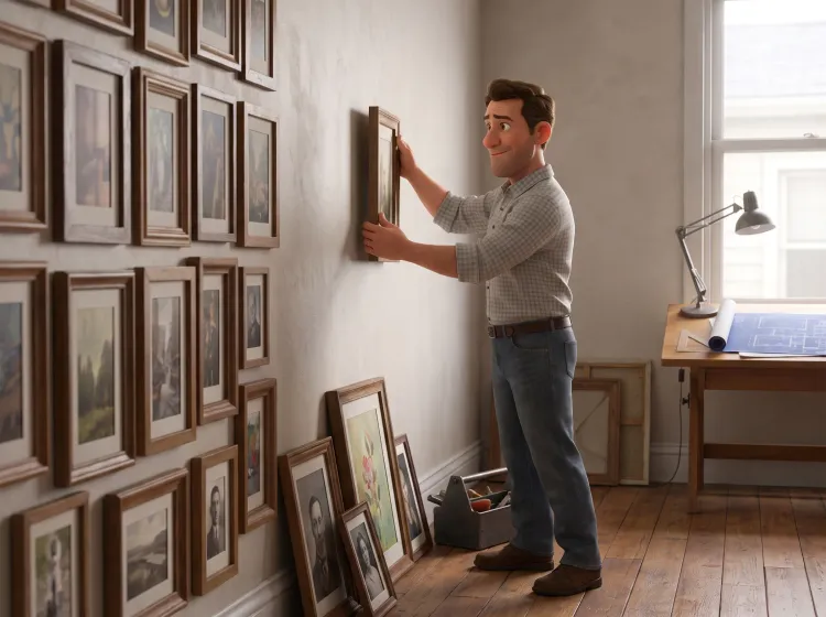 Homme alignant des cadres sur un mur de bureau