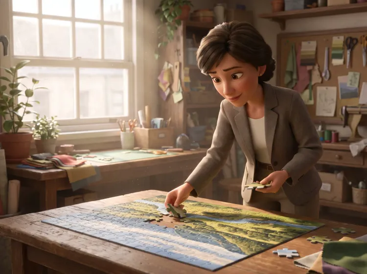 Femme assemblant un puzzle géant