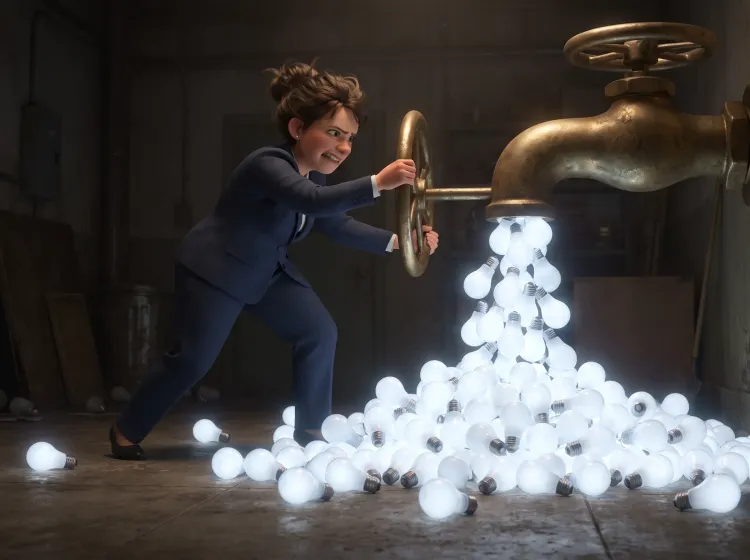 Femme face à un robinet géant d'ampoules lumineuses