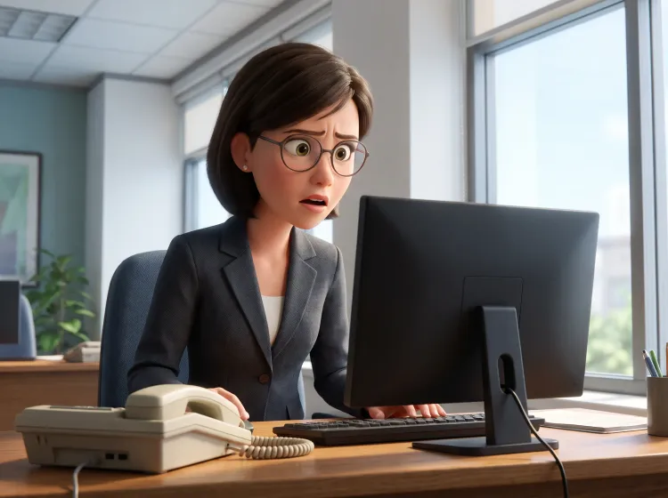 Femme perplexe devant écran éteint dans bureau.