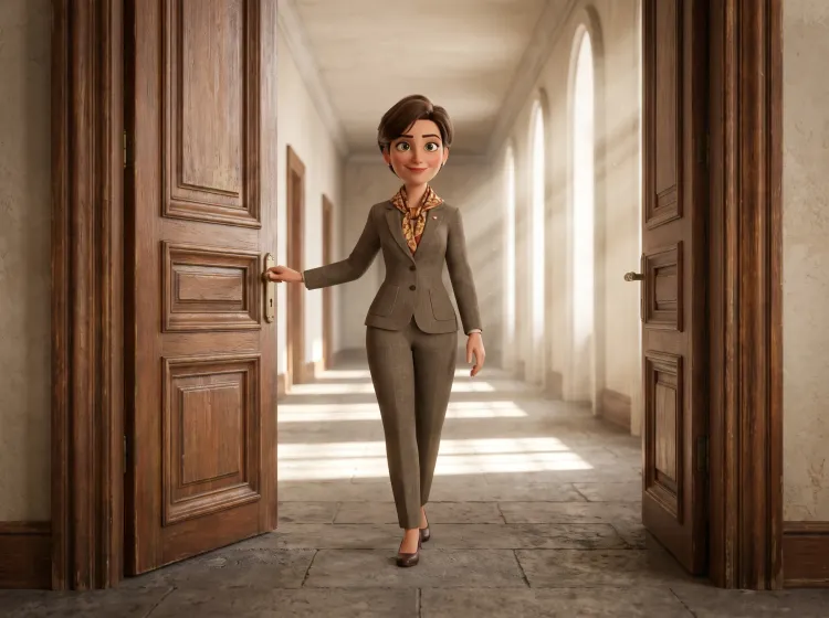 Femme d'affaires ouvre une porte vers couloir lumineux