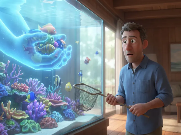 La main géante attrape les poissons colorés