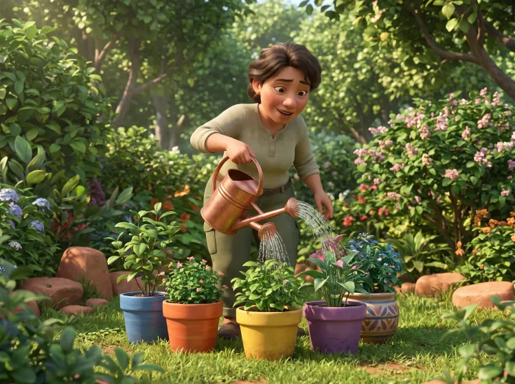 Femme arrosant cinq plantes en pot dans un jardin