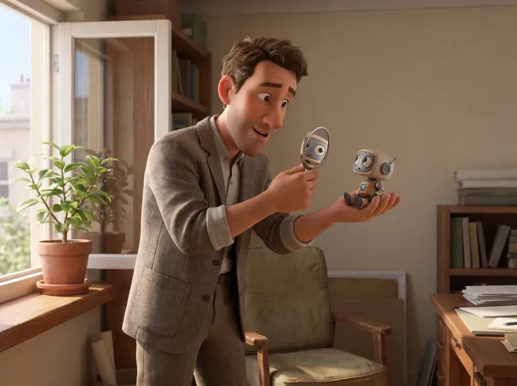 Homme, robot-jouet et miroir dans un bureau lumineux