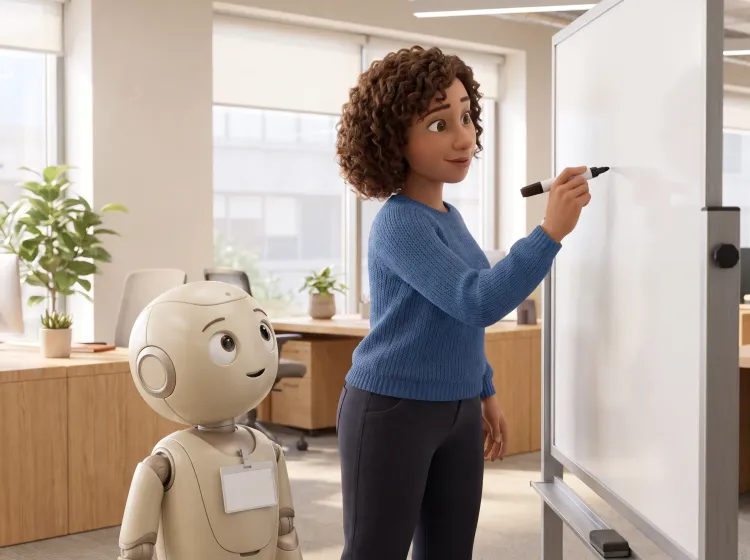 Femme coche une liste, robot amical à ses côtés