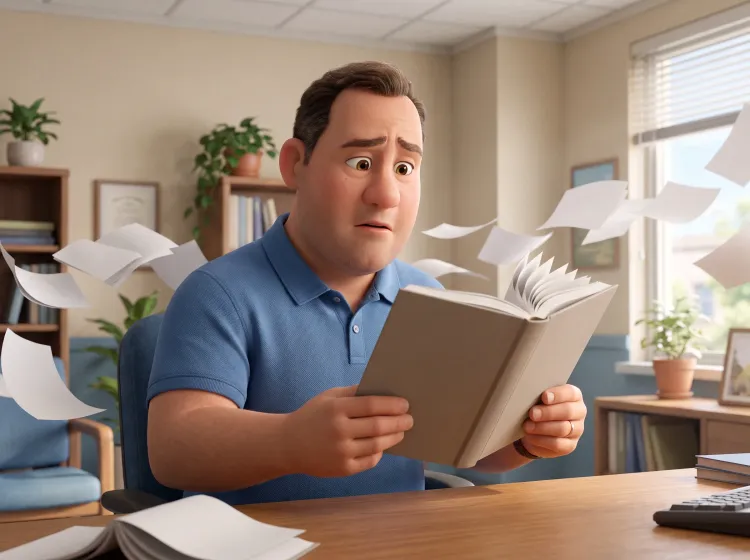 Homme lisant la couverture arrière d'un livre volant
