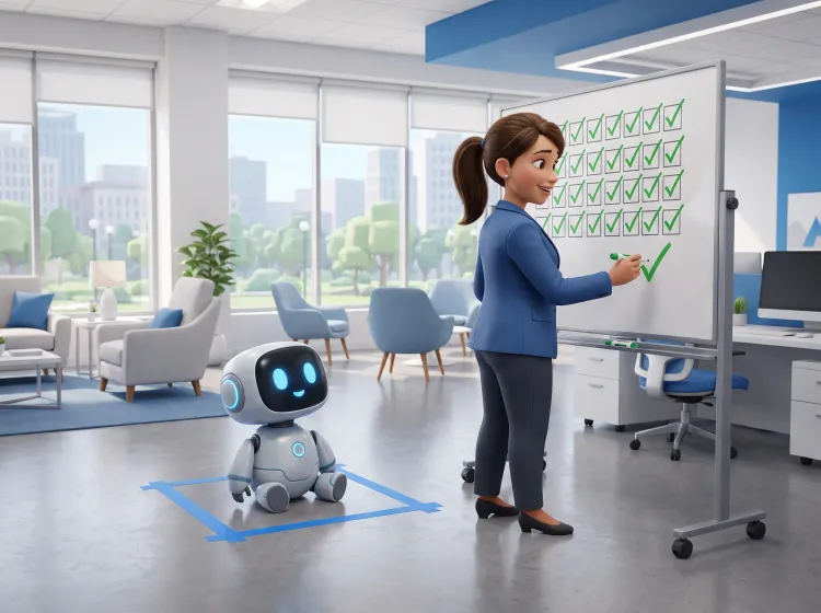 Femme cochant liste, robot patient en bureau moderne