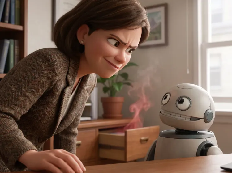 Femme méfiante face à un robot souriant, fumée discrète