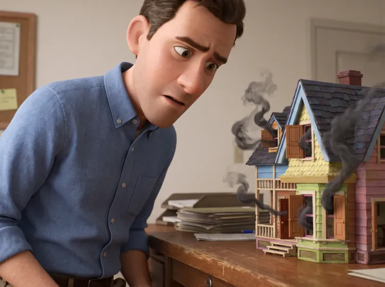 Homme et maison miniature aux portes fumantes