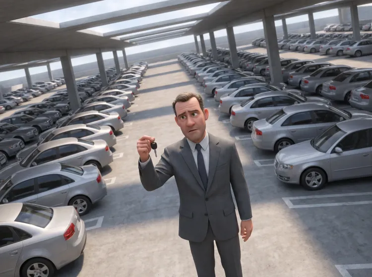 Homme confus devant parking de voitures identiques