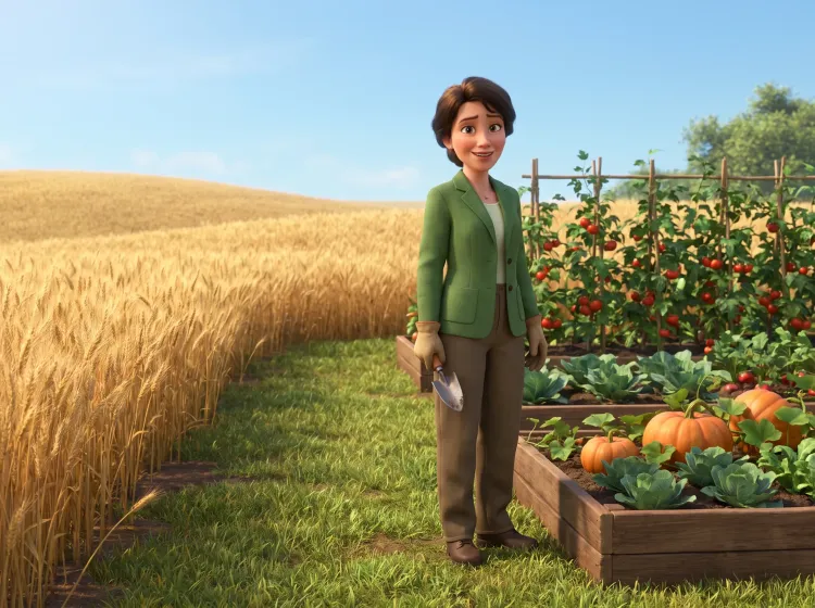 Femme face au potager et au champ de blé