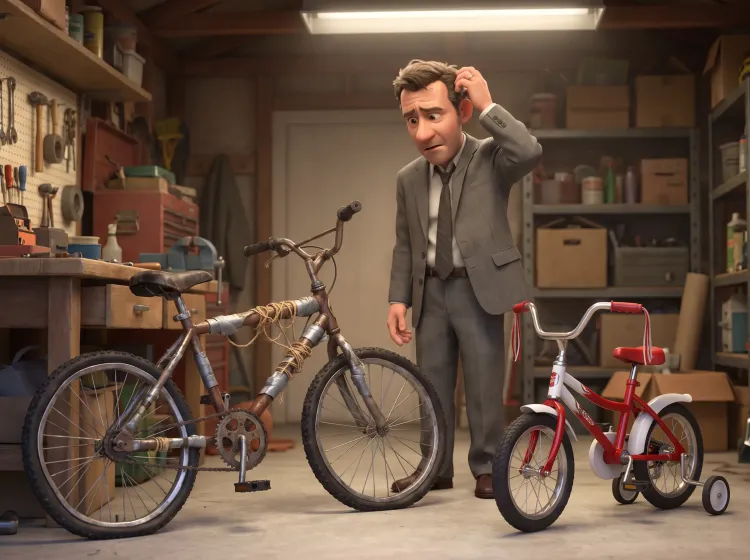 Homme perplexe devant vélo bricolé et vélo neuf