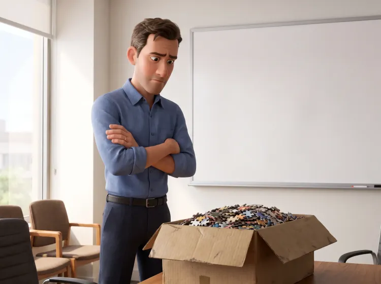 Homme pensive devant un tableau vide et puzzle mélangé