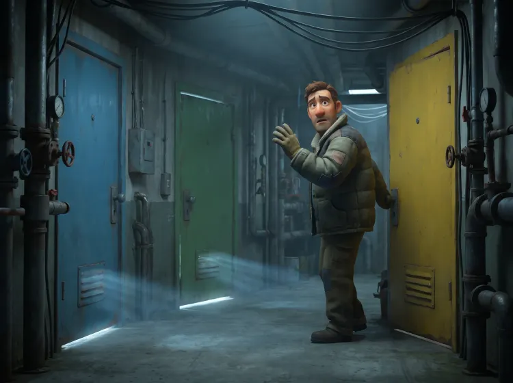 Homme hésitant devant trois portes colorées