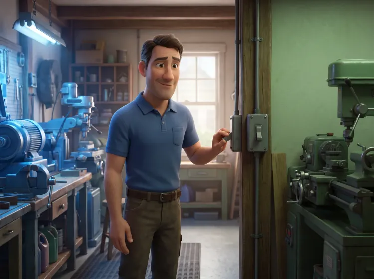 Homme actionnant interrupteur machines bleues et vertes
