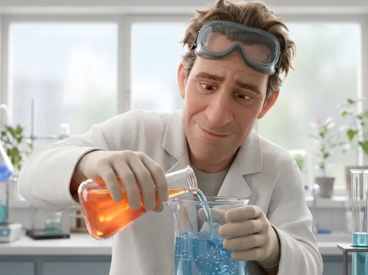 Scientifique verse liquide orange dans récipient bleu
