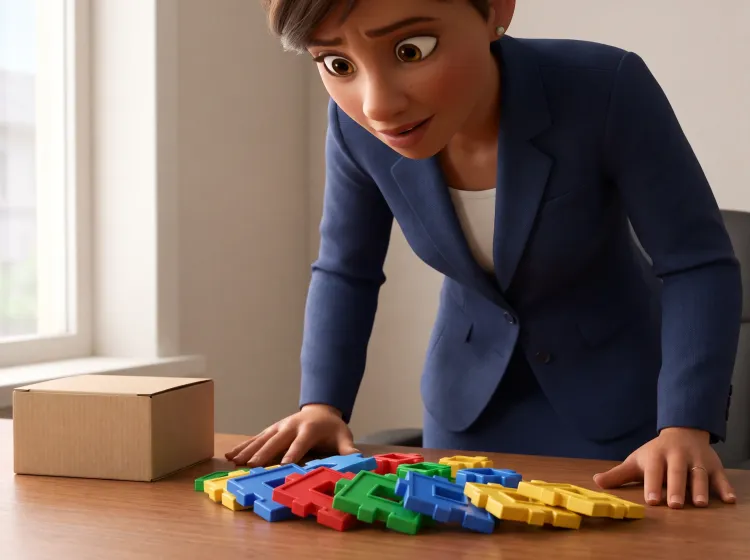 Femme devant maquettes: boîte opaque et pièces modulaires