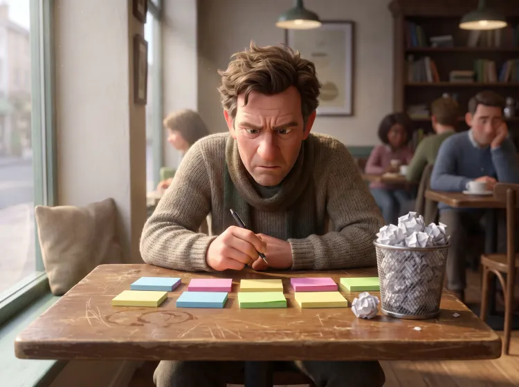 Homme réfléchit avec post-it et stylo