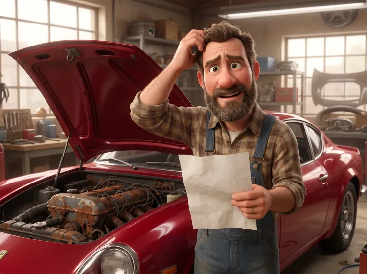 Atelier : Superbe voiture, moteur cassé, homme perplexe.