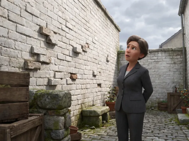 Femme devant un mur de briques désalignées