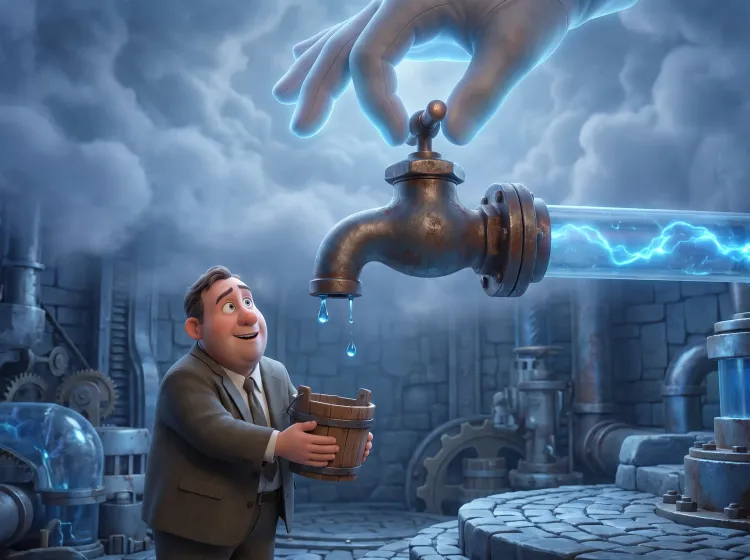 Homme et robinet géant avec flux bleu et main