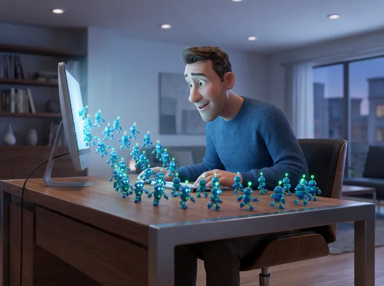 Homme stupéfait par robots miniatures organisés
