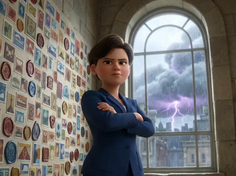 Femme d'affaires face à un mur de signatures sous un ciel orageux
