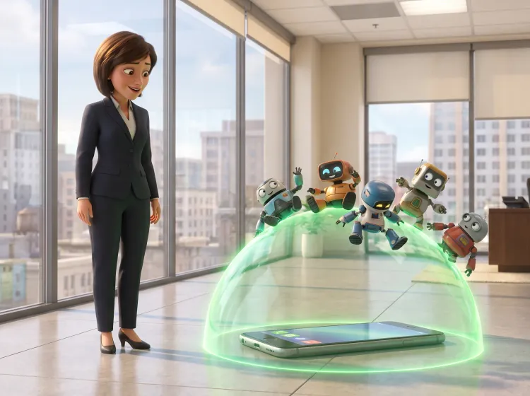 Femme, robots, smartphone géant et bouclier protecteur
