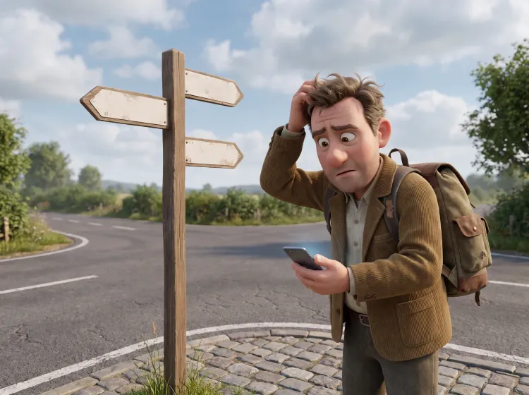 Homme perplexe devant panneau directionnel