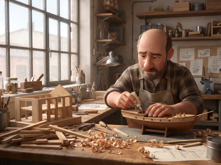 Maquettiste à l'œuvre, copeaux, atelier lumineux