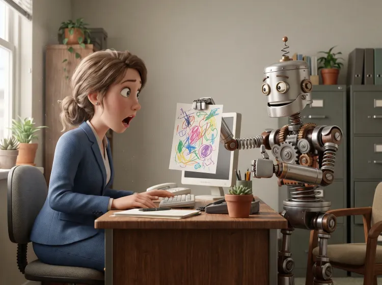 Robot souriant présente un rapport absurde à une femme.