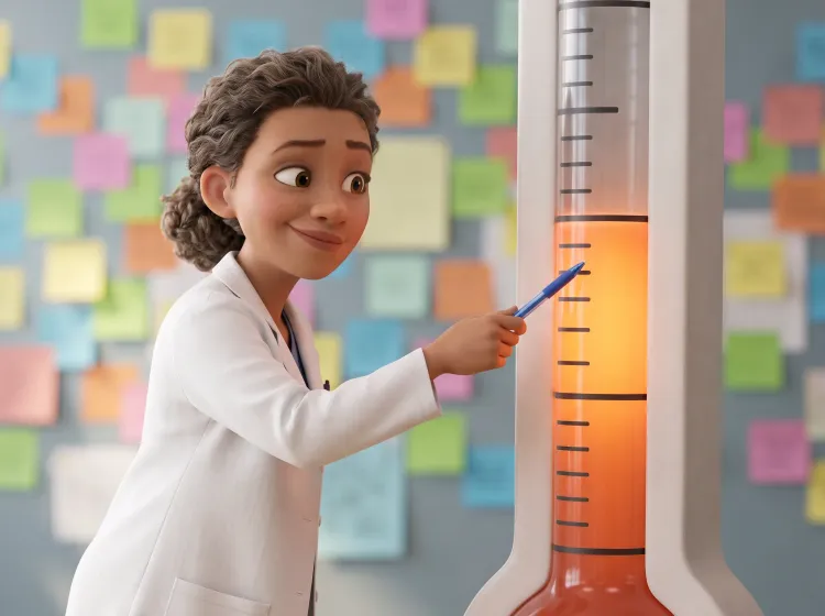 Scientifique et thermomètre géant en bureau