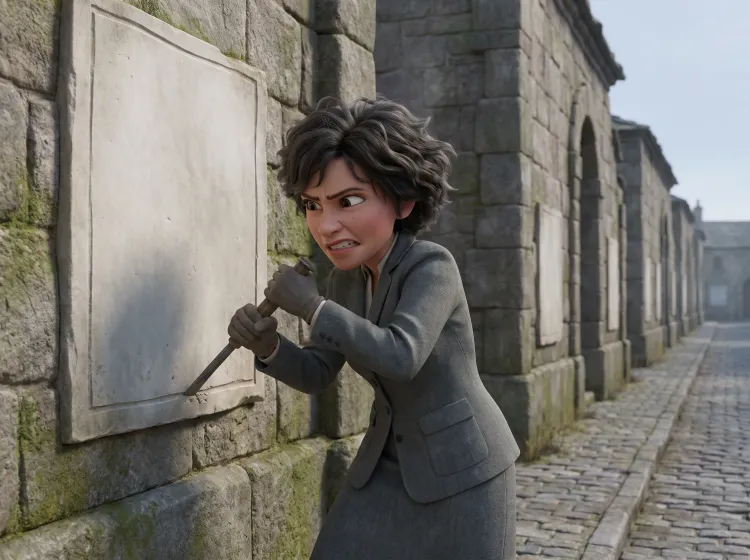 Femme tire une affiche gravée dans un mur de pierre
