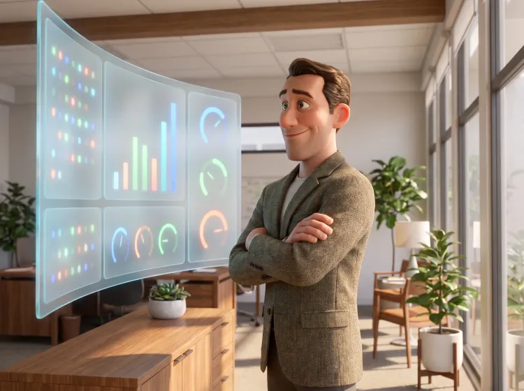 Homme devant tableau de bord lumineux, air satisfait