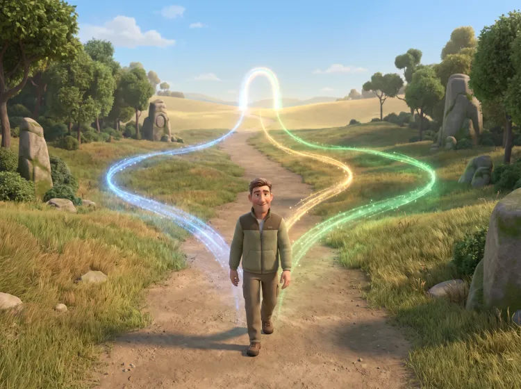 Homme à la croisée des chemins lumineux vers l'horizon