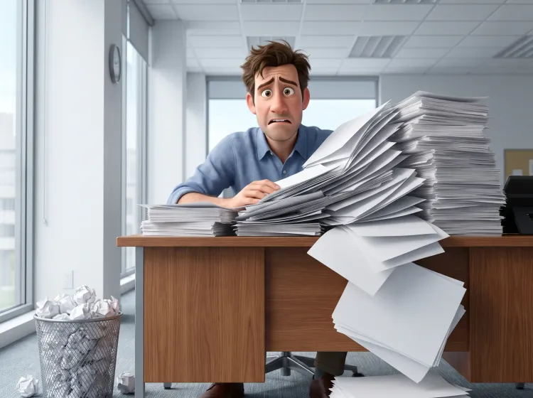 Homme dépassé par les documents de bureau