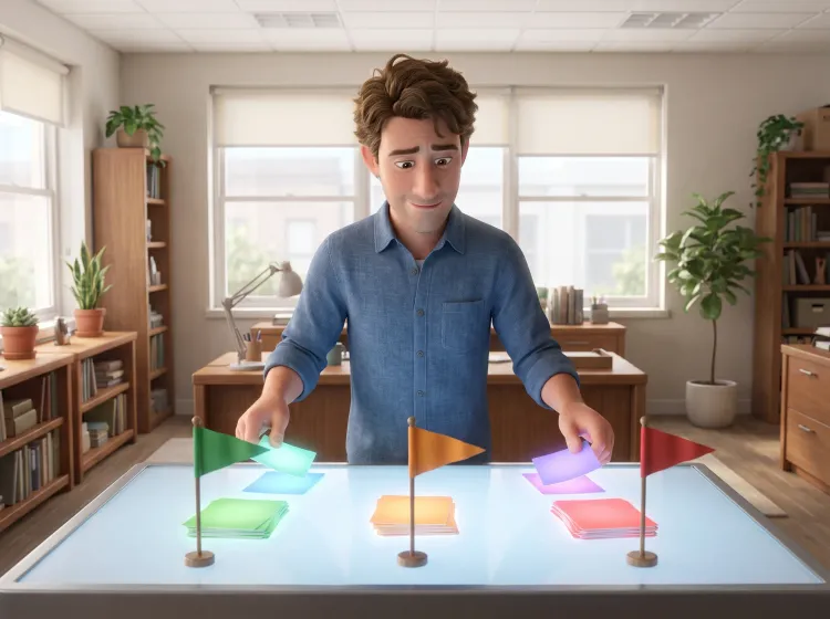 Homme triant des cartes colorées par piles