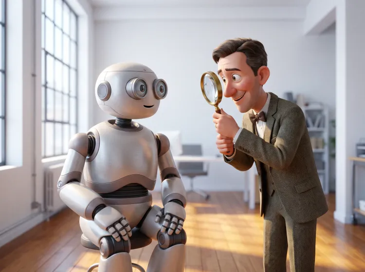 Homme inspectant robot avec loupe dans bureau