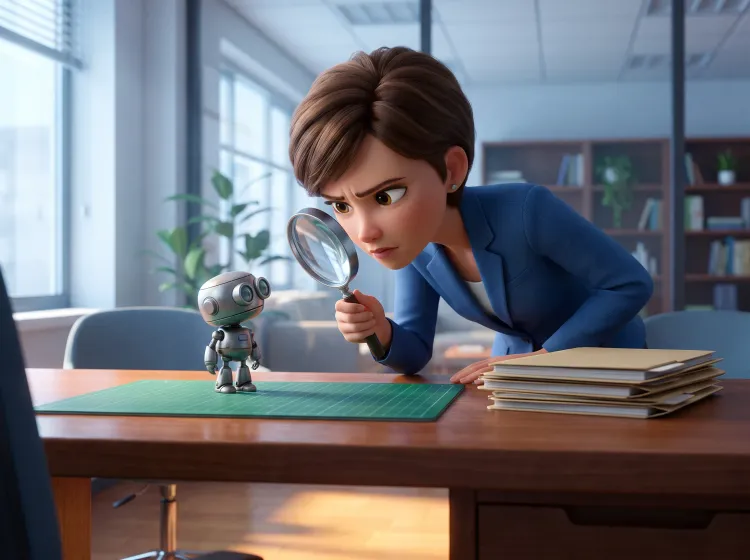 Femme au bureau inspectant un robot avec une loupe