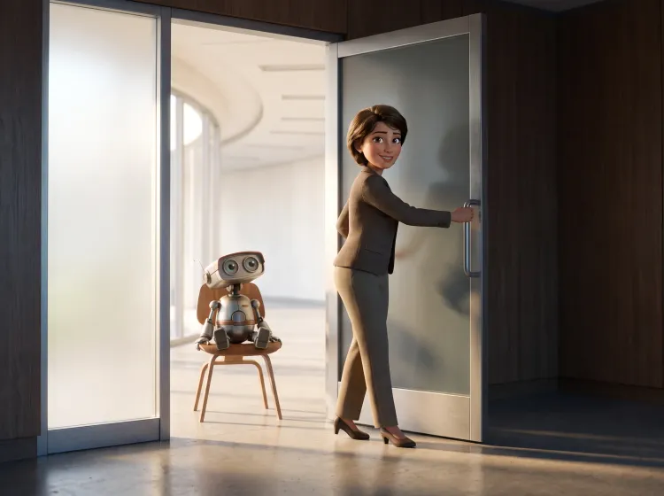 Femme ouvre porte, robot attend