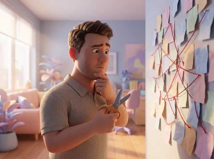 Homme perplexe devant un mur de post-it et ficelles