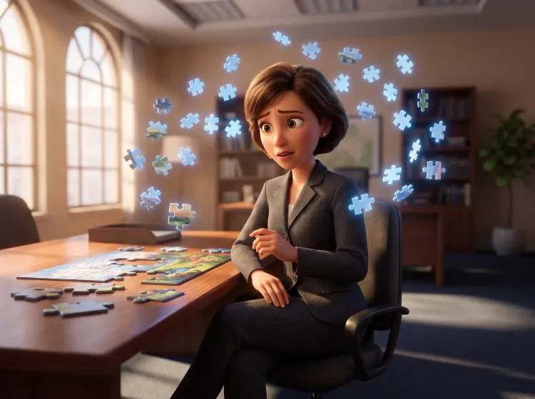 Femme et puzzle géant en désordre au bureau
