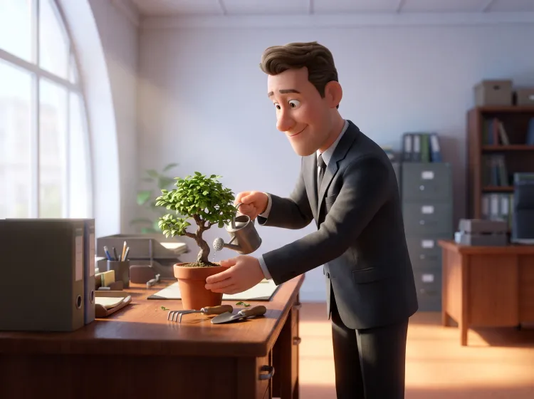 Bureau: l'homme plante un arbre miniature