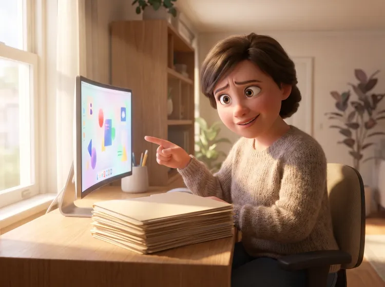 Femme perplexe devant documents, sourire devant écran