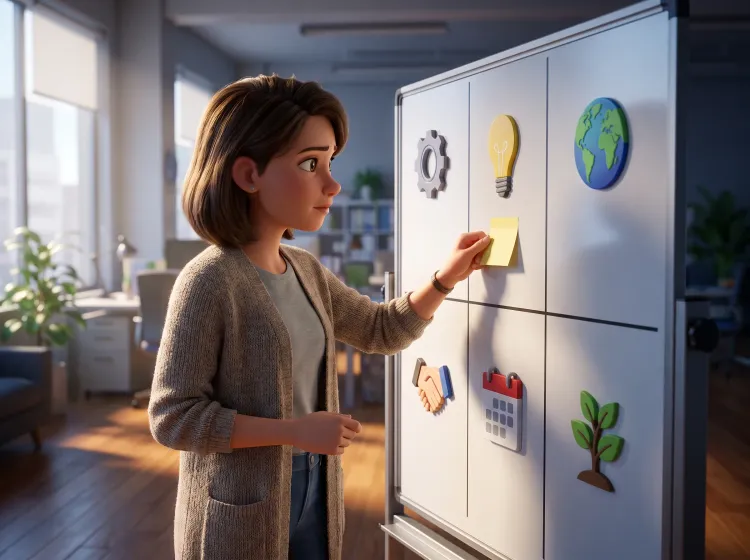 Femme collant un post-it sur un tableau visuel