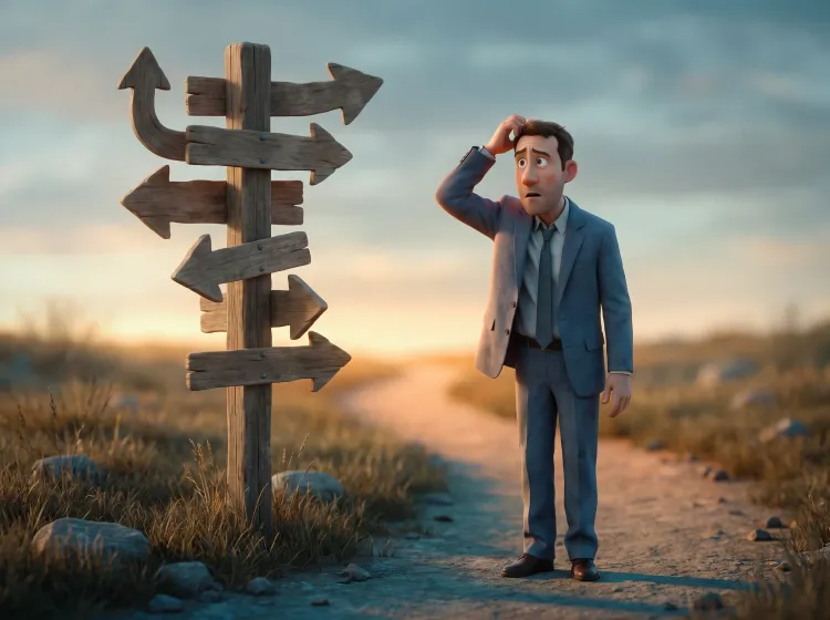 Homme confus devant panneau directionnel absurde