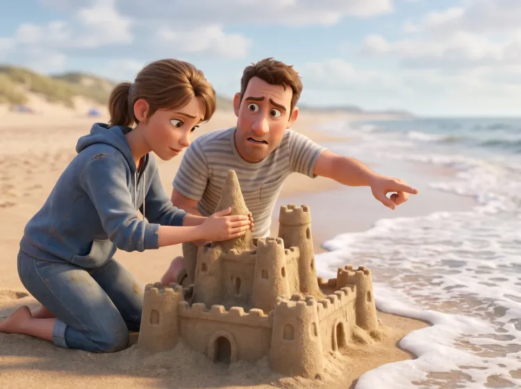 Château de sable face à la marée montante