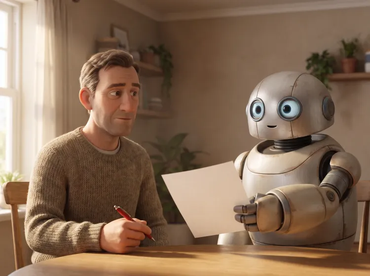 Homme corrigeant un document remis par un robot